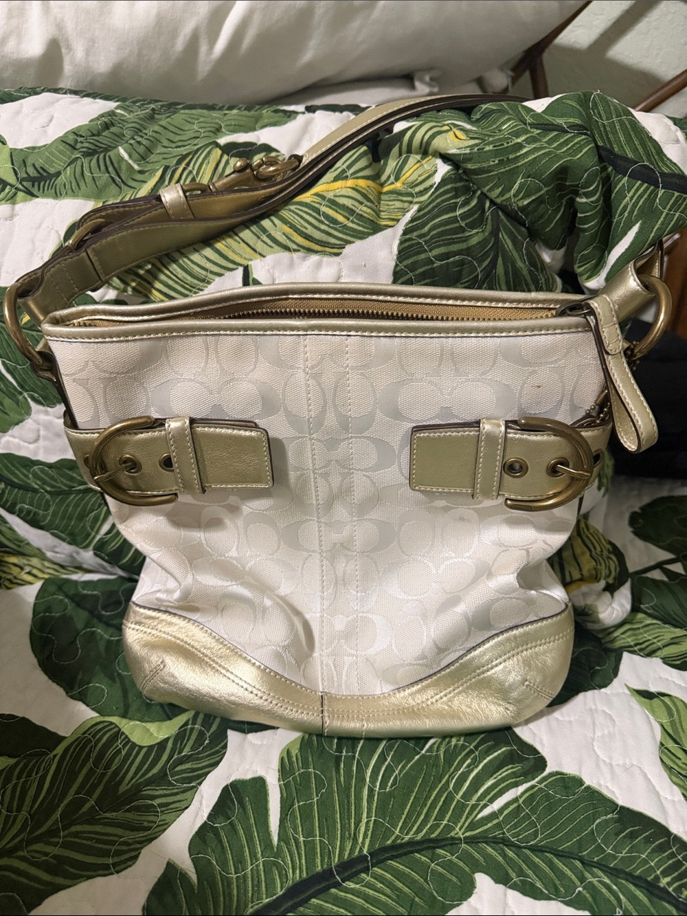 Coach Cream Signature Canvas Shoulder Bag with Metallic Gold Trim